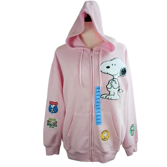 PEANUTS Snoopy Full Zip Hoodie Woodstock Embroidered Sweatshirt Pink Size L NEW - Picture 7 of 16